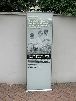 1929-1931: Stele in front of Anne's home at Marbachweg 307 in Frankfurt-Dornbusch, Germany