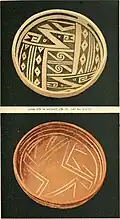 Two bowls about 8.75 inches in diameter and about 3.75 inches tall, one is yellowish-brown with intricate dark patterns, while the other is reddish-brown with light-colored lines, found at the Stone Axe Ruin in Arizona
