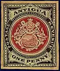Hand-painted essay of the 1903 one penny stamp of Antigua from the Toeg Collection, sold by Christie's Robson Lowe in 1990.[15]