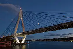 Anzac Bridge at dusk.
