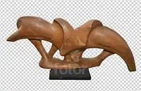 Wooden sculpture "Bullfight" created in teak wood in 1971