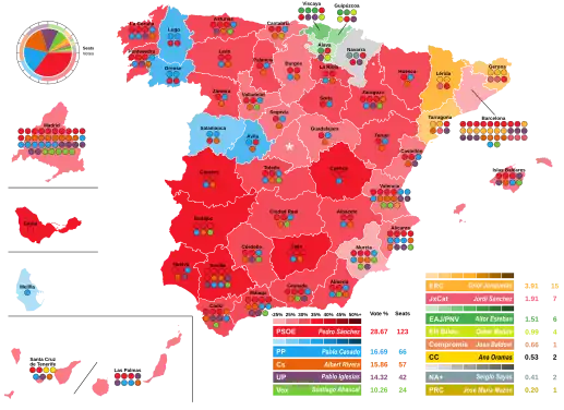 Map of Spain showcasing seat distribution by Congress of Deputies constituency