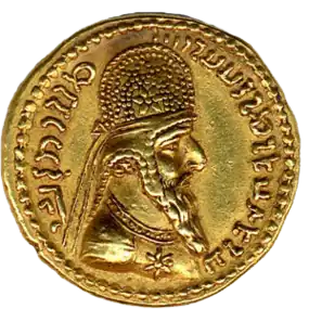 An early Sasanian coin. The king of kings, Ardashir I, wears a Parthian crown.