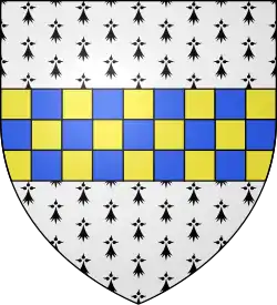 a coat of arms: emin with a chequer board stripe yellow and blue