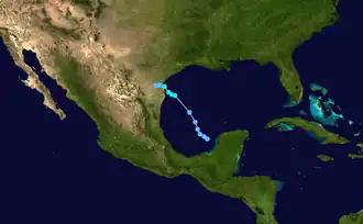 A track map of a tropical storm over the western Gulf of Mexico; the overall path is northwestward