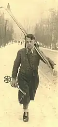 Armand Vetulani with skis, 1930 or later.