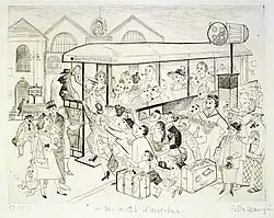 Monochrome etching of a scene at a Paris bus stop