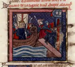 Knights and men holding spears from boats attacking a castle. It is a picture of the Seventh Crusade.