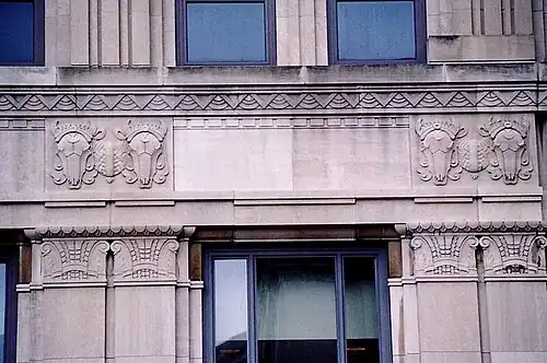 Art Deco styled bucranium on the Lincoln Bank Tower, Fort Wayne, Indiana, 1930