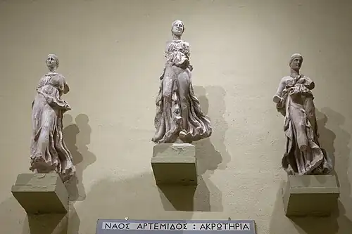 Ancient Greek acroteria from a temple of Artemis, 330-300 BC, marble, Archaeological Museum of Epidaurus, Epidaurus, Greece,