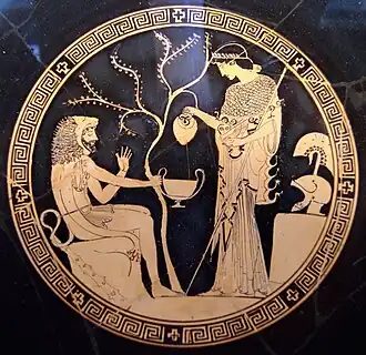 Interior (tondo) of a red figure kylix, depicting Heracles and Athena, by Phoinix (potter) and Douris (painter), c. 480-470 BC, Antikensammlungen Munich