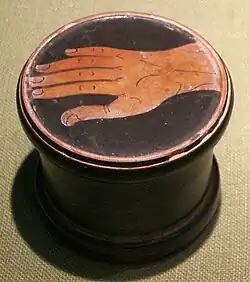 4th century "Type IV" Athenian pyxis with a depiction of a hand, National Museum, Warsaw