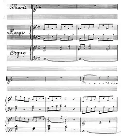 musical manuscript giving parts for solo voice, harp and organ