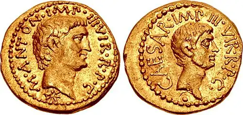 Issue by Antony and Octavian, 40 BC.