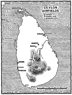 Black and white terrain map of Sri Lanka with airfields, large and small cities marked