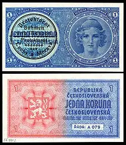 First issue of currency in Protectorate of Bohemia and Moravia (an unissued 1938 Czechoslovak note with a validation stamp for use in 1939)