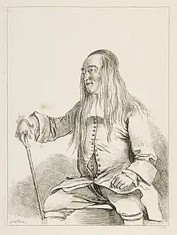 Boucher after Watteau, Vieillard assis, coiffé d'une calotte, 1728, etching, plate 198 in Figures de différents caractères; Louvre, Paris