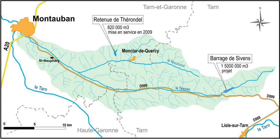 Tescou drainage basin, with location of the Thérondel reservoir and the Sivens dam project.