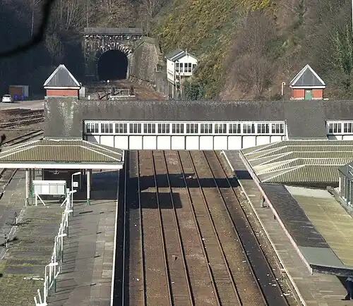 An overhead view of a railway station with two tracks and two side platforms connected with a footbridge. A tunnel portal is visible in the background.