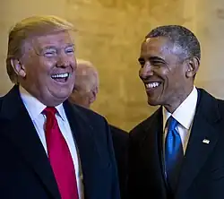 Photographic portrait of Donald Trump (left) and Barack Obama (right)