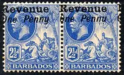 Barbados, 1916: Stamps overprinted for revenue usage with missing tail to y of 'Penny'