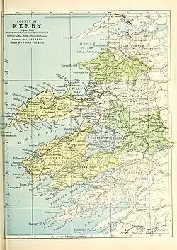 Barony map of County Kerry, 1900; Iraghticonnor barony is in the north, coloured peach.