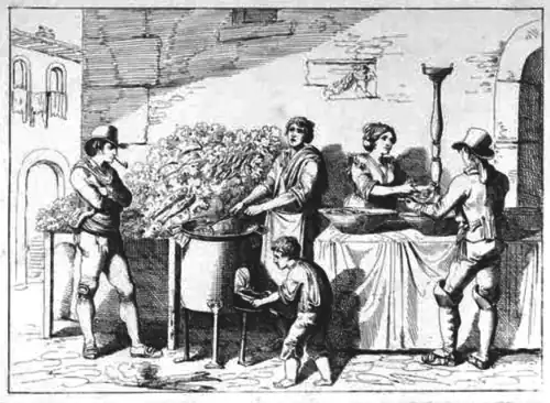 Engraving of street scene with an outdoor wood-burning stove, heating a cauldron of oil in which the fryer cooks his pieces of battered ingredients while clouds of steam emerge from the pot and a colleague wraps a helping into a cone of paper for a customer