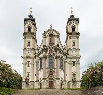 Rococo Doric columns and pilasters on the facade of the abbey church of Ottobeuren, Germany, by Johann Michael Fischer, 1748–1754[23]