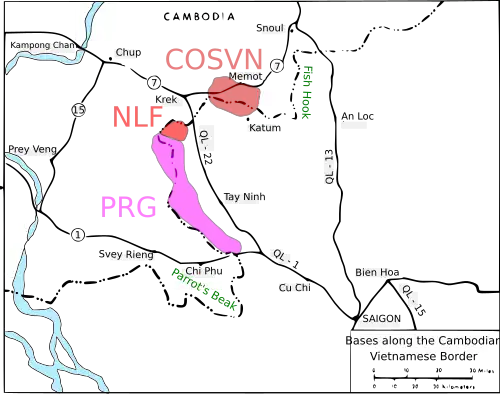 A map showing the army bases along the Vietnamese Cambodian border