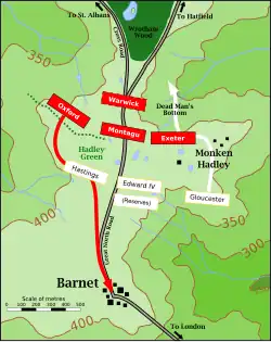 Map of the battlefield: in the middle, four red boxes, depicting the Lancastrians, are above four white boxes, denoting the Yorkists. Arrows extend from the boxes on the right flanks of each force, showing their movements.