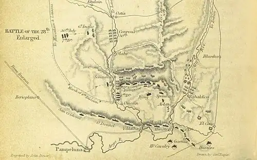 Old sepia-tone map shows the Battle of Sorauren.