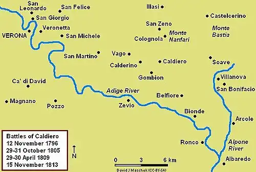 Map of the Battle of Caldiero, 29–30 April 1809