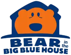 The Bear in the Big Blue House logo, featuring a simplistic depiction of Bear's head in a dark blue house above dark blue text giving the series's title.