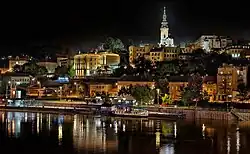Belgrade at night, reflected in a river
