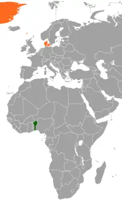 Map indicating locations of Benin and Denmark