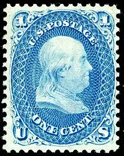 Benjamin Franklin Issue of 1861 from the first series of US Postage Stamps produced by the National Bank Note Co (later merged into the American Bank Note Co.[6]