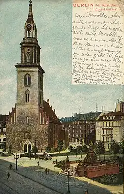 St. Mary's Church surrounded by houses of the Marienviertel and the Luther monument, 1906
