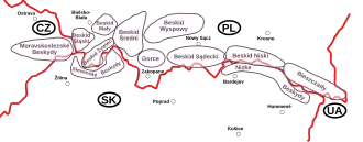 Map of the Beskid ranges in Slovakia and Poland