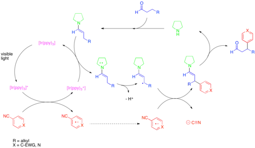 Diagram of Photoredox beta-arylation of aldehydes