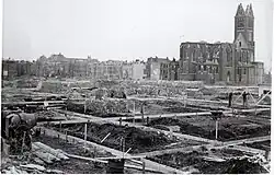 In the background: ruins of the Church of Our Lady of Good Counsel at Bezuidenhoutseweg (street)
