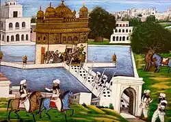 Bhai Sukha and Bhai Mehtab Singh confront Massa Ranghar after tying their horses to the Lachhi Ber tree, circa 19th century