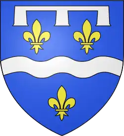 Blue coat of arms with three yellow fleurs-de-lis, a white wave, and a white label