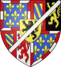 Arms of Antoine of Burgundy: arms of Bourgogne under Philip III, brisé by a cotice en barre argent.
