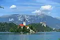Bled Island with the church (left) and Bled Castle (right)