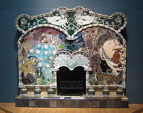 Ceramic fireplace on Russian folklore theme by Mikhail Vrubel (1908)
