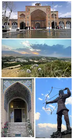 Top left: Grand yard of Sultani mosque, Middle: Outlook of Zagros Mountains, Bottom left: Eftekhar-al-Eslam old house, Bottom right: the statute of Arash the Archer