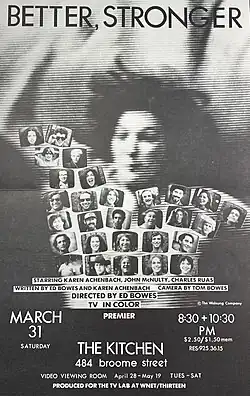 Bowes, Ed, "Better, Stronger." Poster from a performance at The Kitchen, March 31, 1979. Image courtesy of The Kitchen and Getty Research Institute, Los Angeles (2014.M.6)