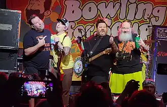 Bowling for Soup performing at Saint Andrew's Hall in 2023. From left to right: Gary Wiseman, Rob Felicetti, Jaret Reddick, and Chris Burney