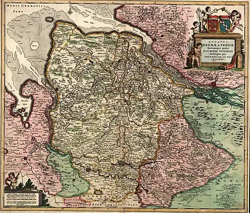The Duchy of Bremen around 1655, the Imperial City of Bremen is insufficiently demarcated, bottom right in pink the Duchy of Verden