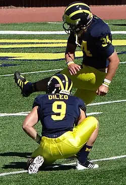 An image of a modern American Football placekicker in a navy blue shirt and yellow pants, wearing a navy helmet with yellow stripe